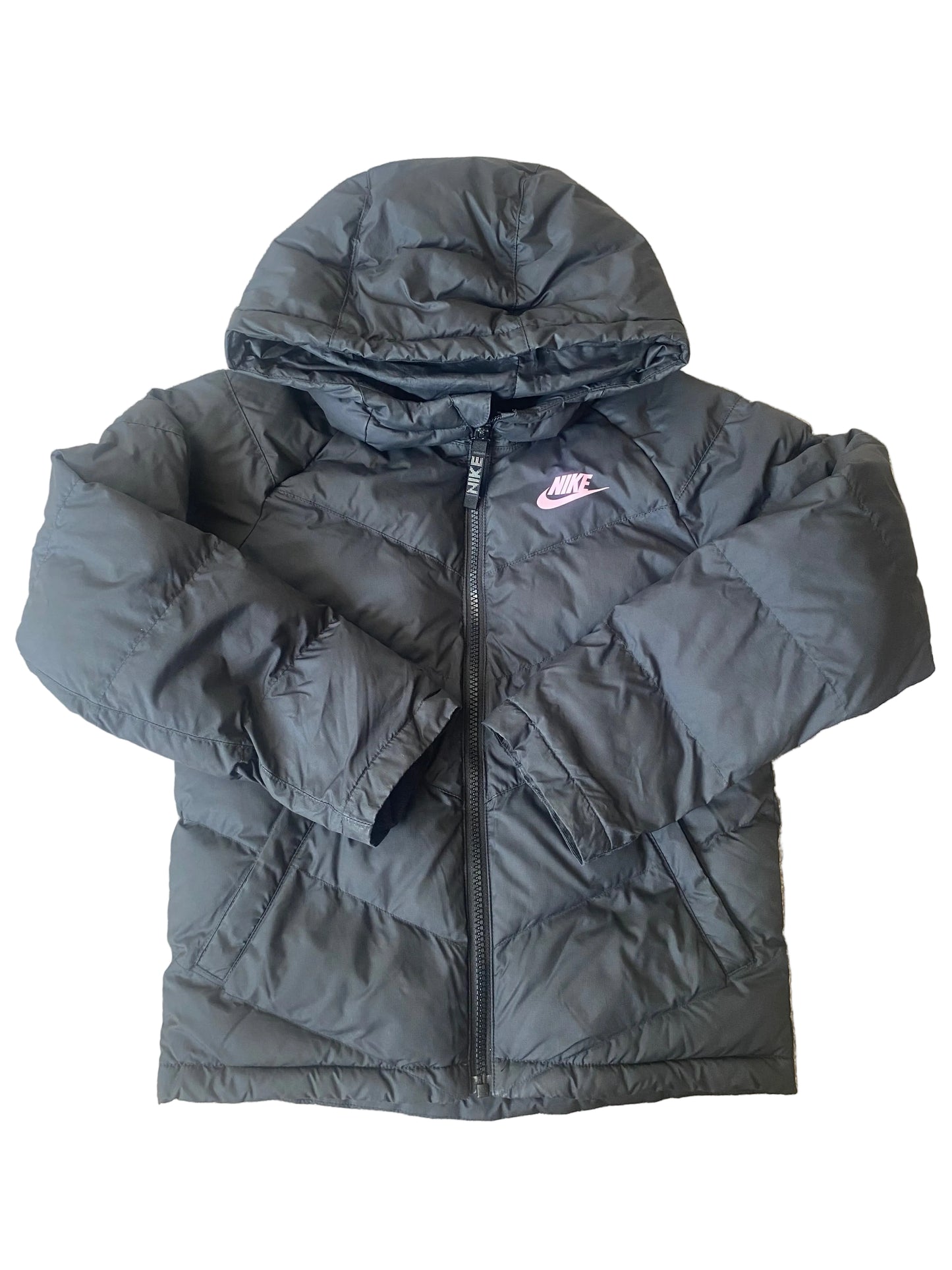 NIKE Girls Black Puffer Jacket with Pink Badge Age 8-10