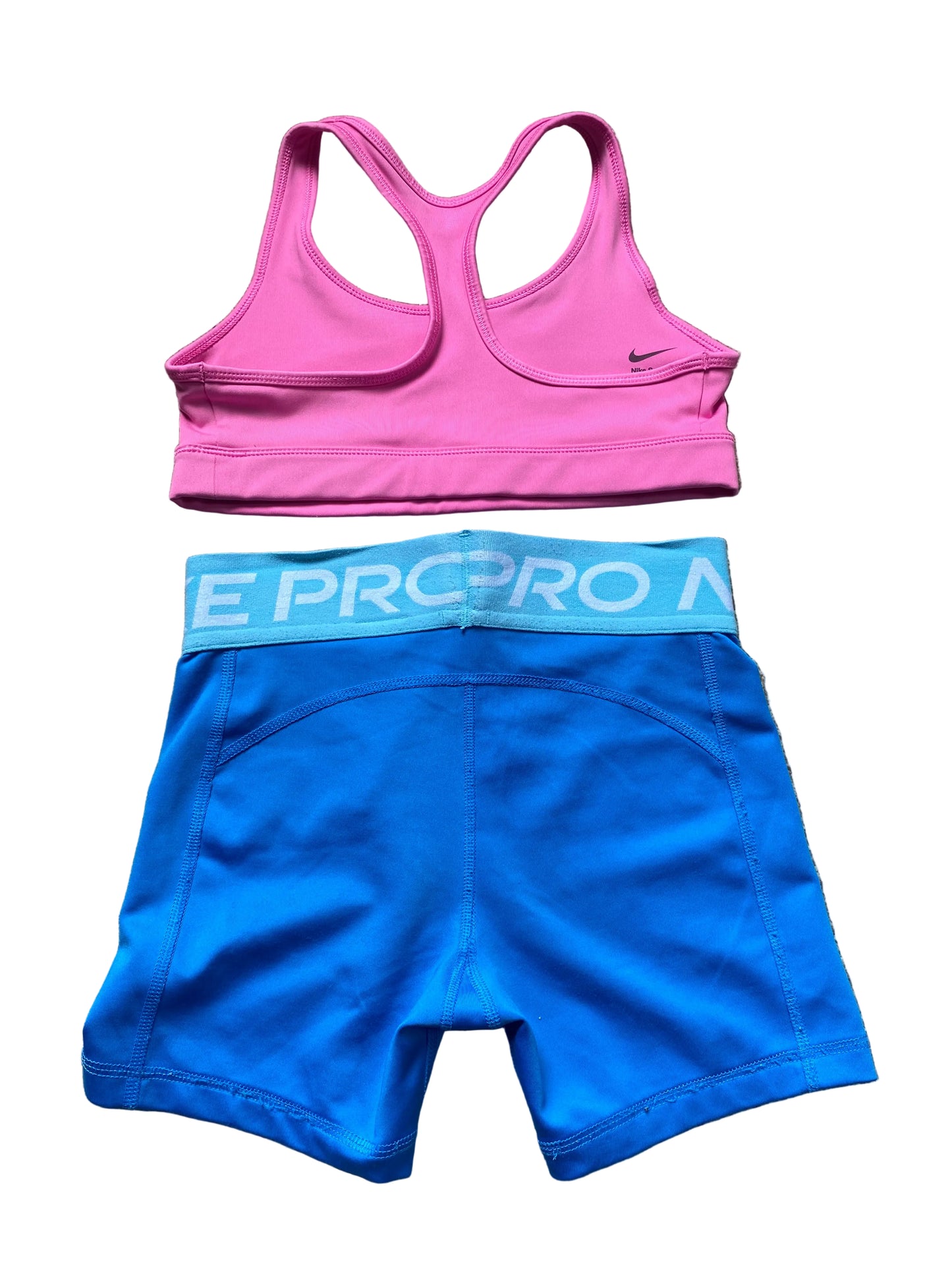 NIKE PRO Dri Fit Girls Blue Shorts and Pink Sports Bra Set Age 10-12