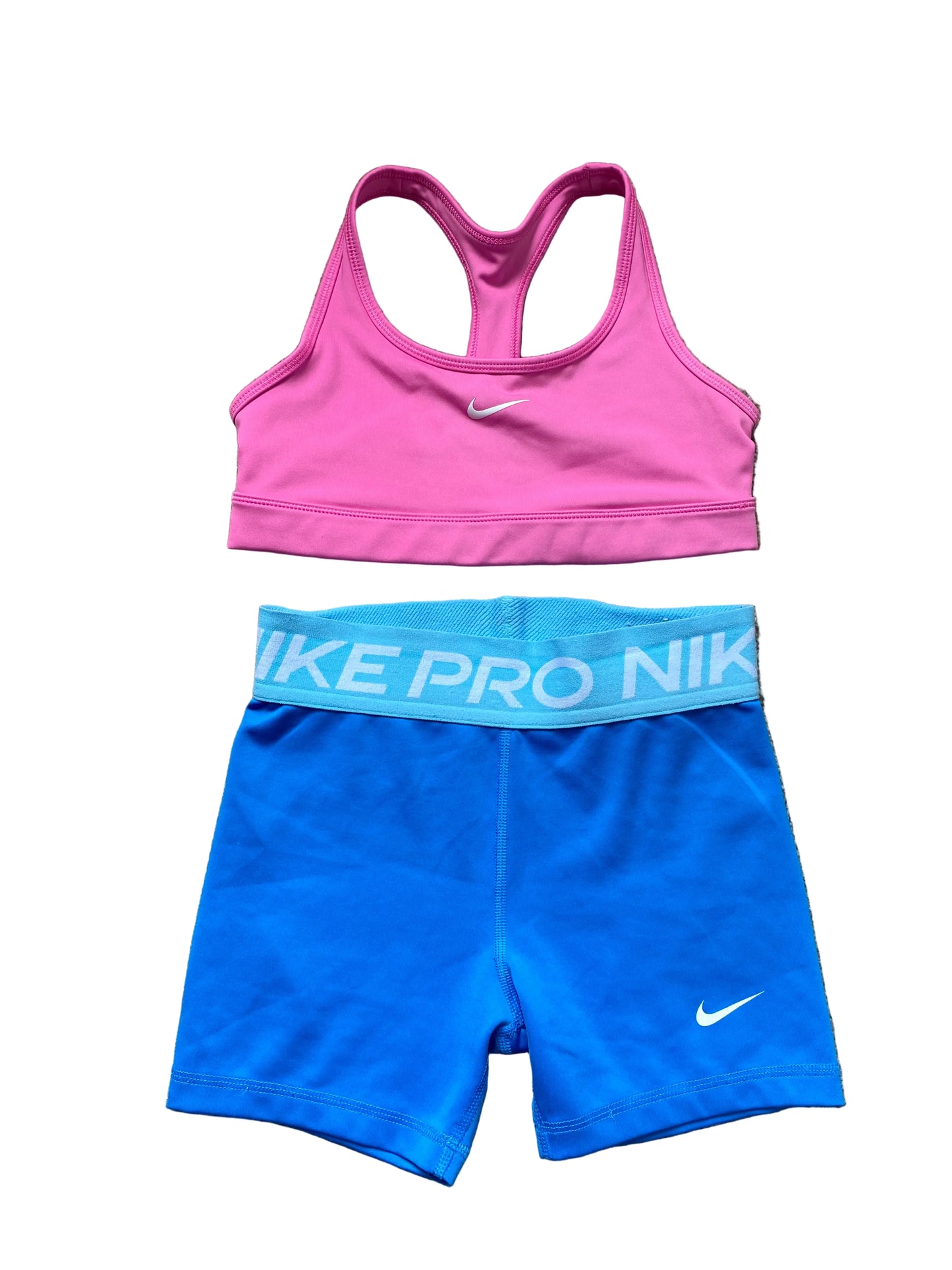 NIKE PRO Dri Fit Girls Blue Shorts and Pink Sports Bra Set Age 10-12