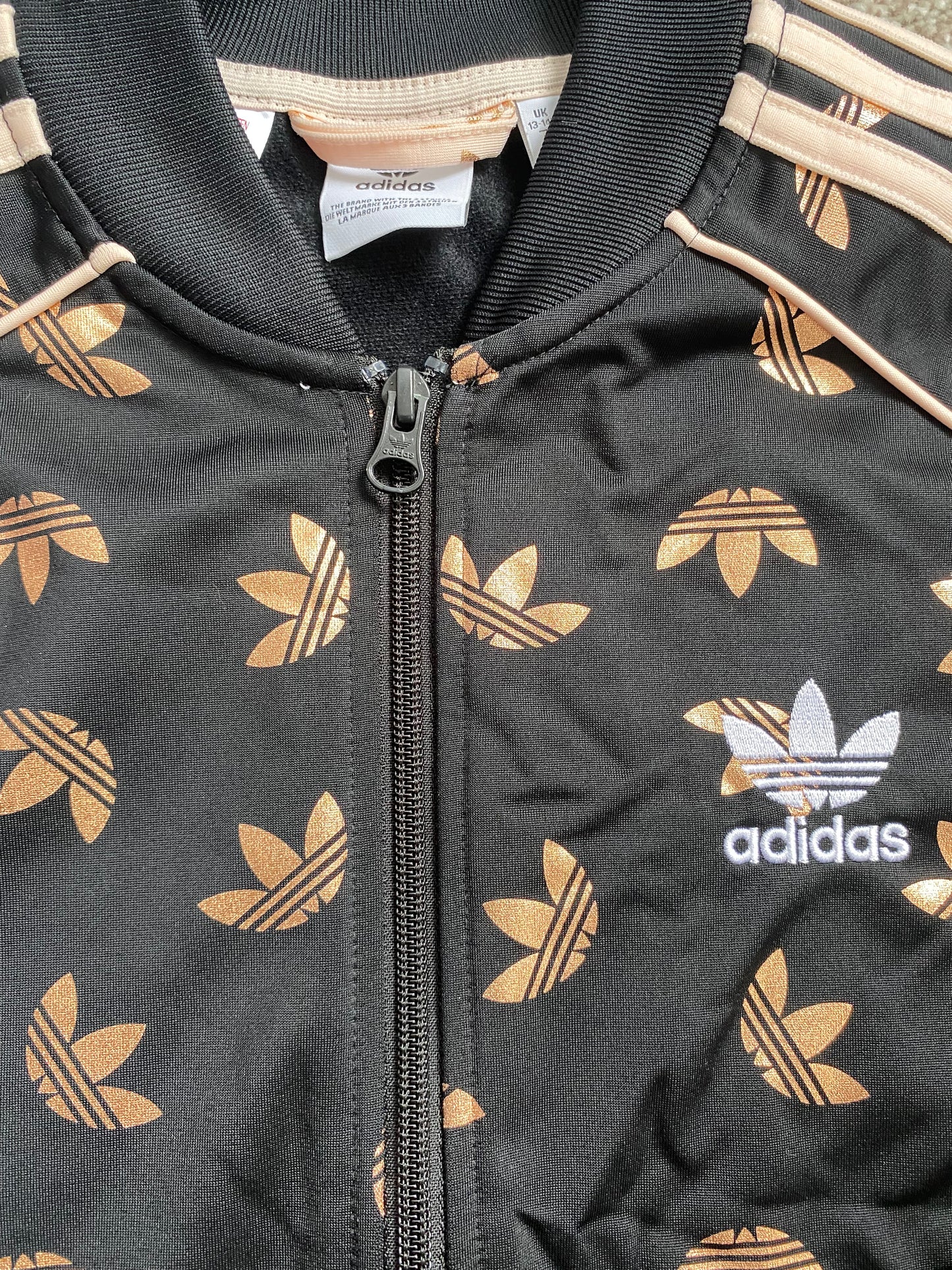ADIDAS Originals Girls Black Zipped Jacket with Rose Gold Trefoil Print Age 13-14