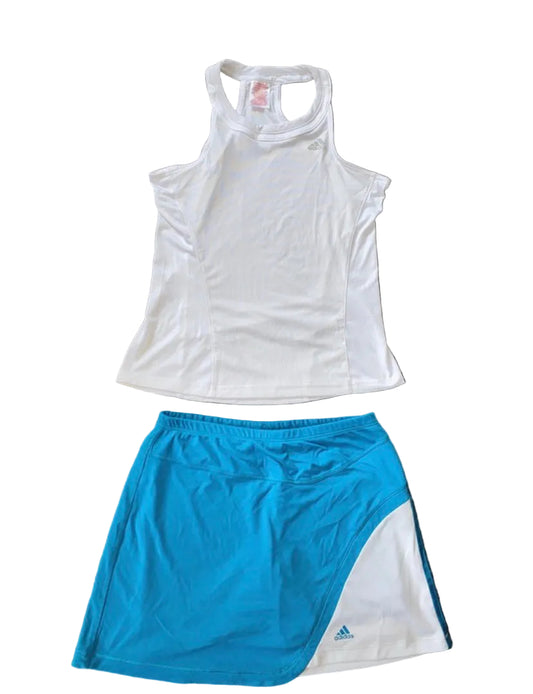 ADIDAS Girls Tennis Skort and Vest Set Blue White Age 13-14